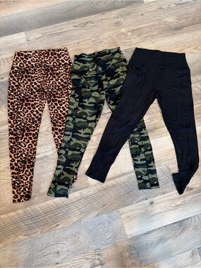 Amazon Women's Leggings Pack - Leopard Print, Camo Green, Solid Black